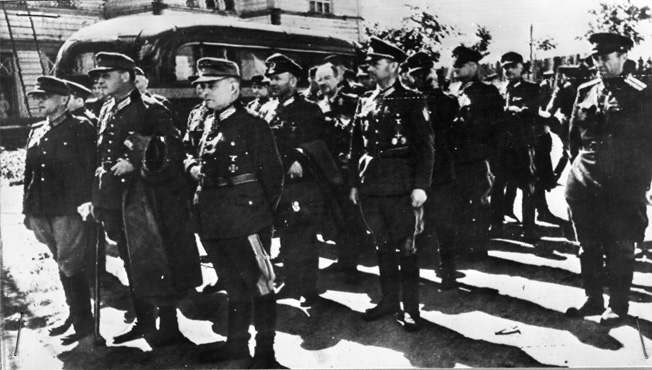 German generals captured during the Soviet summer offensive prepare to lead a march of 57,000 German prisoners through Moscow on July 17, 1944.