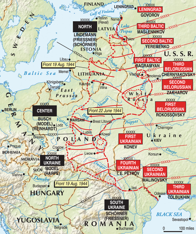 A map depicting actions in western USSR and Ukraine during Operation Bagration. 