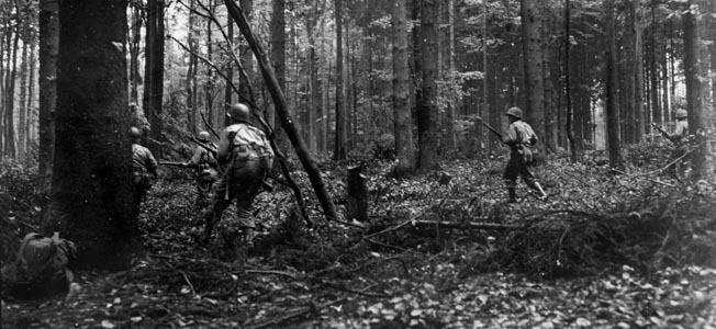 In the autumn of 1944, the U.S. First Army was chewed up in the Hürtgen Forest where it had to contend with counterattacks by the Germans.