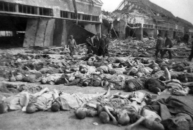 Another view of mass death at Boelcke Kaserne, photographed by the author's father in April 1945.