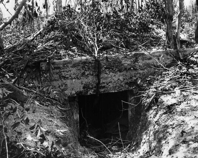 A view of the rear entrance of a camouflaged Japanese concrete antitank position. Note that the bunker was not scathed by the prelanding bombardment. It had to be taken by infantrymen with bayonet and rifle. 