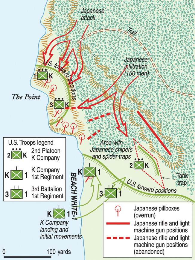The U.S. landings on Peleliu took place at beaches on the southwest end of the island. The Marines fought their way across the spit of land while rooting out determined Japanese defenders. The map shows the tactical scheme of K Company’s employment as well as the route of the Japanese counterattack. 