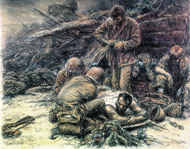 Corpsmen attend to the wounded on the beach at Tarawa in this drawing by combat artist Kent Eby, who witnessed the Marines' landing.
