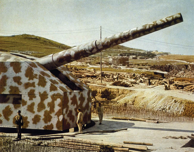 Another view of one of the 406mm naval guns while being installed at Battery Lindemann. The gun had a range of between 29 and 34 miles. 