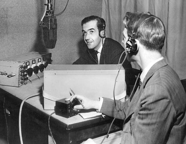 American radio reporter Edward R. Murrow broadcasts from a London studio during the Blitz. He mistakenly reported that St. Paul’s had been destroyed.