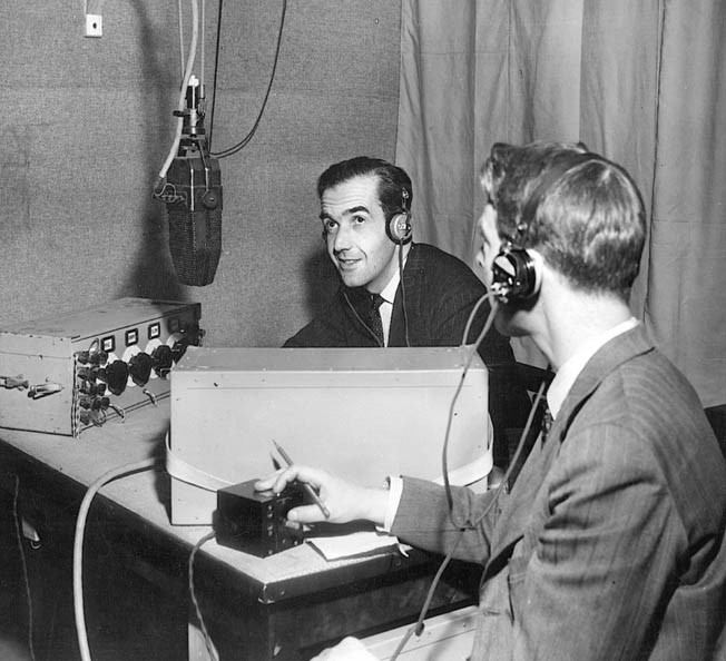 American radio reporter Edward R. Murrow broadcasts from a London studio during the Blitz. He mistakenly reported that St. Paul’s had been destroyed.