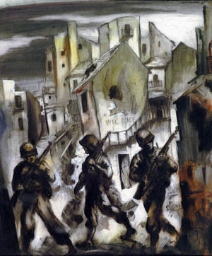 In a gloomy painting of war on the Italian front, American soldiers trudge through a bombed-out village. The U.S. Army Rangers, led by Lt. Col. William O. Darby, fought gallantly in Italy but were decimated in an ambush near Cisterna.