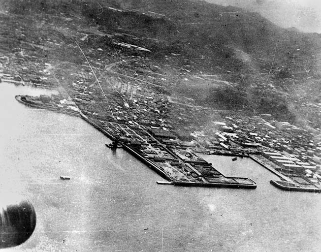 A photo of the Yokosuka Naval Base, south of Tokyo and Yokohama, probably taken from a window of Plane 13. The surprise raid—payback for Pearl Harbor—shattered Japan’s belief of invulnerability. 