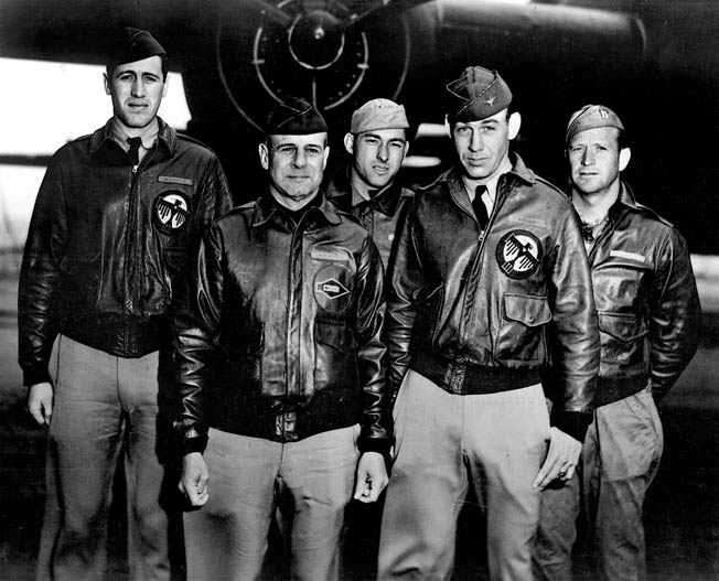 The crew of B-25 #40-2344, the lead bomber (left to right): Lieutenant Henry A. Potter, navigator; Lt. Col. James H. Doolittle, pilot; S/Sgt. Fred A. Braemer, bombardier; Lieutenant Richard E. Cole, co-pilot; S/Sgt. Paul J. Leonard, flight engineer/gunner.