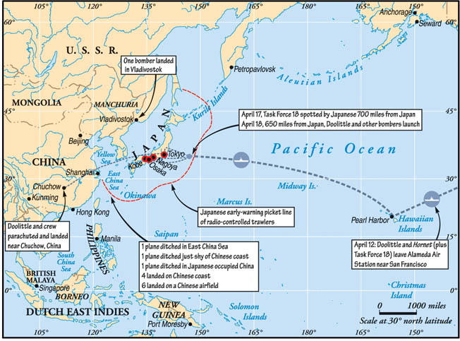 Map showing the routes and the landing or crash sites of Doolittle’s Raiders.