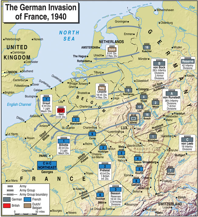 Cutting through Holland, Belgium, and Luxembourg, the Germans brushed aside sporadic opposition and soon reached Paris—something they failed to do in World War I. 