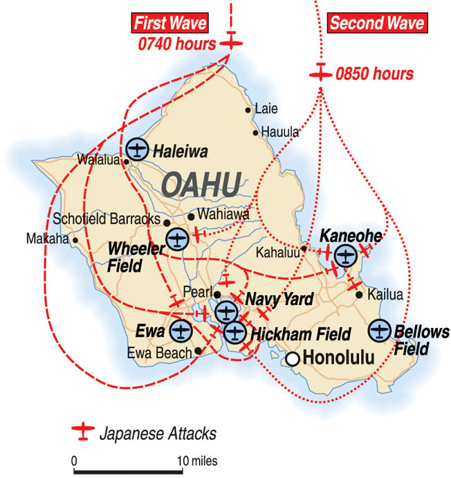 On the morning of December 7, 1941, nearly 400 Japanese combat aircraft attacked American military installations at Pearl Harbor and several other locations on the island of Oahu, taking the Americans by surprise and inflicting heavy losses. The attackers arrived in two waves of bombers, torpedo planes, and fighters.