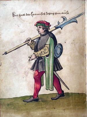 A Spanish soldier carries his halberd in a period illustration from 1530. The introduction of the harquebus in the early 16th century heralded the demise of the halberd as a battlefield weapon.