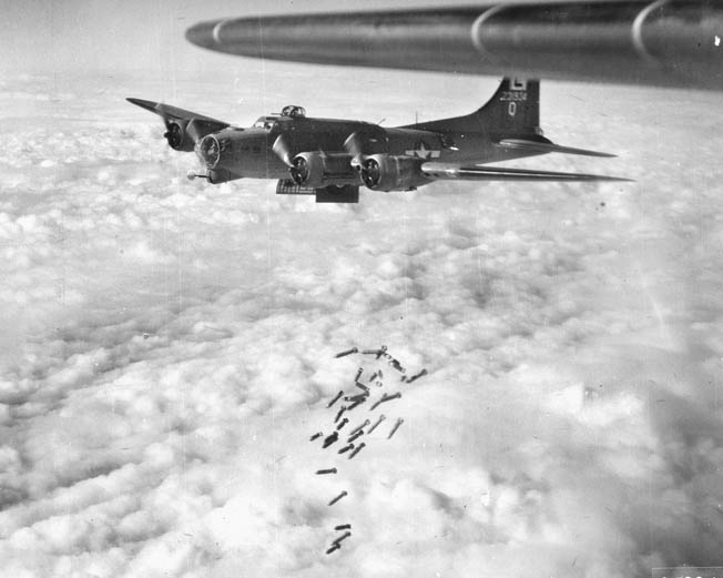 A B-17 releases its bombs over Brunswick, Germany, on April 26, 1944. It was Stevens’s second mission.