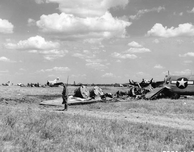 A field of destroyed American B-17 bombers caught on the ground by the Luftwaffe at the Russian airfield in Poltava, Ukraine, on June 21, 1944. 