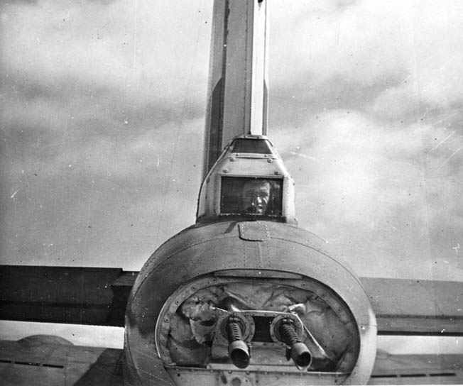 Close-up of the deadly twin .50-caliber machine guns mounted in the tail of a B-17.