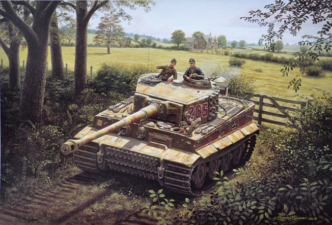 In this painting by artist Barry Spicer, SS Captain Michael Wittmann’s tank, Tiger No. 205, is shown during operations in Normandy. Wittmann was one of the most successful German tank aces of World War II. He lost his life in combat on August 8, 1944.