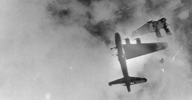 This startling photograph is indicative of the ferocity of the air war over Europe in World War II and of the price paid by Allied bomber crews during raids on military targets. On April 8, 1945, this B-17, nicknamed Wee-Willie, lost a wing to flak above Stendal, Germany. Two crewmen survived the plane’s crash, and eight others were killed.