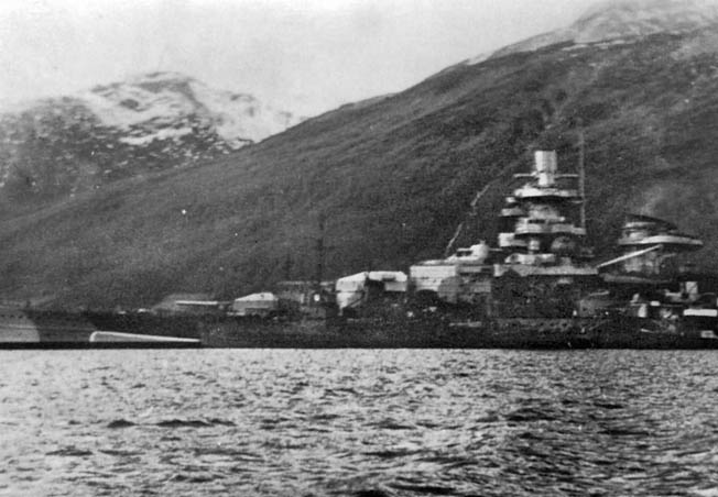 This photograph of Scharnhorst was taken in the shelter of a Norwegian fjord in 1940. Scharnhorst and Geneisenau served as naval covering forces for the German assaults on the Norwegian towns of Trondheim and Narvik during the February 1940 invasion.