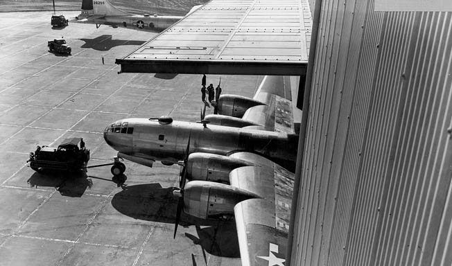 A tug tows the first completed B-29 out of the Marietta facility for its initial test flight, November 1943.