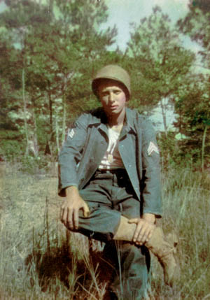This rare color photo of Bob Walter during World War II was taken shortly after he endured the heat and humidity of the Louisiana Maneuvers in 1943 and received his sergeant's stripes. Walter went on to lead his platoon heroically during the Battle of the Bulge.