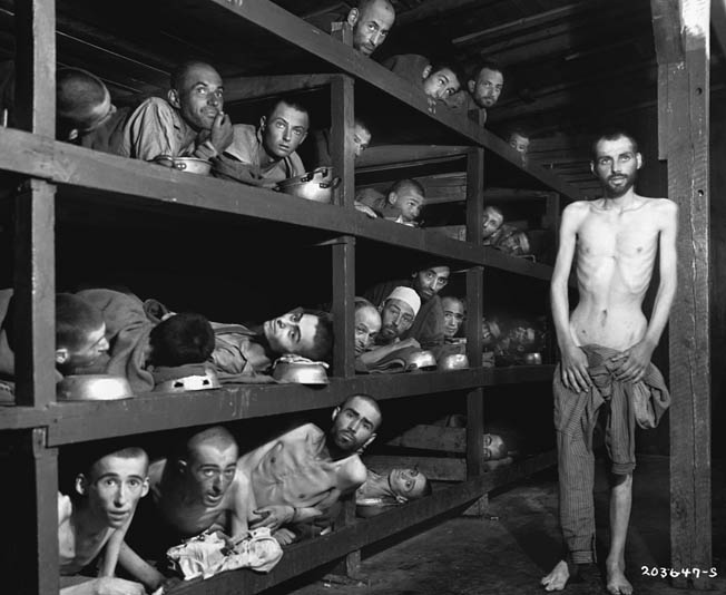 Interior view of a Buchenwald barracks, photographed by Margaret Bourke-White after the liberation on April 11, 1945.