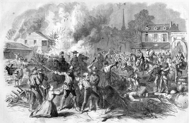 John Hunt Morgan, center, appears to recoil from the fiery trail of destruction left by his own raiders in Columbia, Kentucky. His officers later made the men return all looted goods.