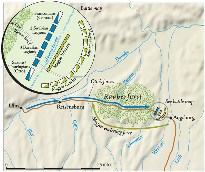 Otto’s Germans (in blue) attack the Magyars west of Augsburg after passing through the Rauherforst. Magyar horsemen on the left flank feign retreat, but Otto is too wise to follow. 