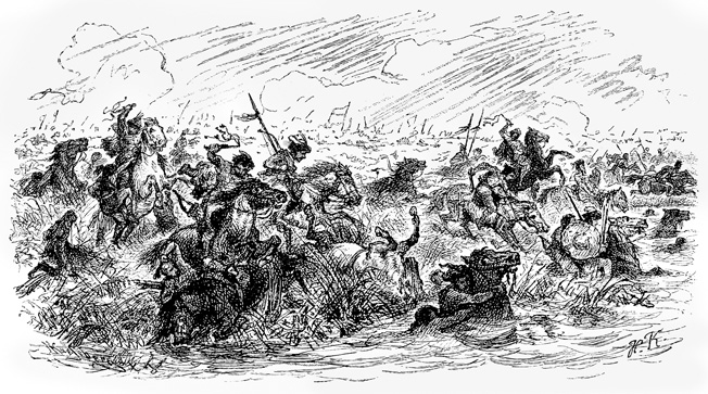 Marauding Magyar warriors cross the Lech River near Augsburg, Germany, on August 10, 955. The Magyars long had made a habit of raiding helpless German settlements.