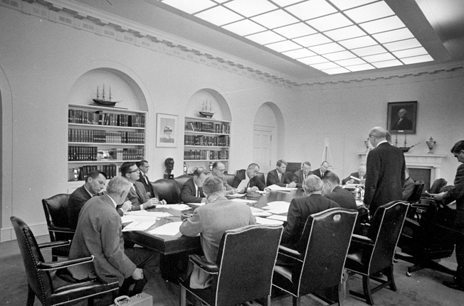 ST-A26-16-62 29 October 1962 National Security Council Executive Committee (EXCOMM) Meeting, 10:10AM [Scratching in center of negative. White spotting throughout negative. Black line in upper left corner of negative.] Please credit "Cecil Stoughton. White House Photographs. John F. Kennedy Presidential Library and Museum, Boston."