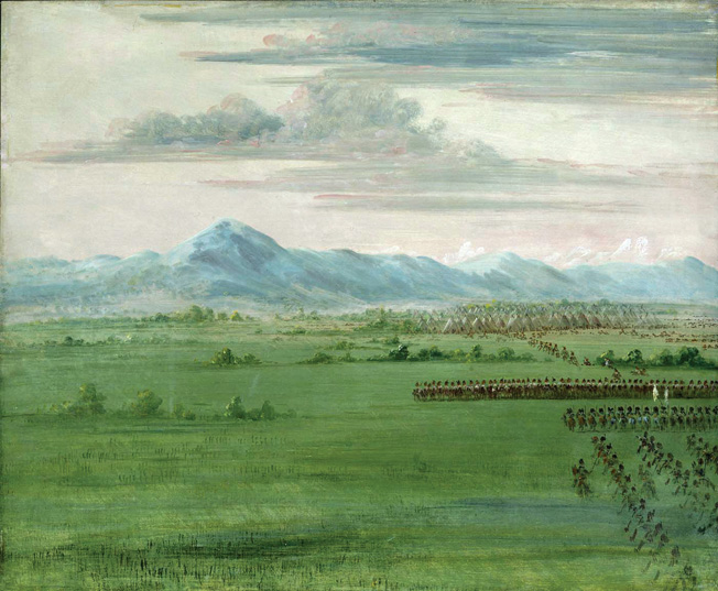 Indians ride out from their wigwams in the distance to meet dragoons in another Catlin painting.