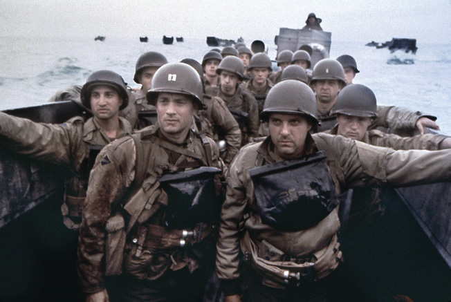 FILM: SAVING PRIVATE RYAN. U.S. troops preparing for the landing at Omaha beach Normandy on D-Day during World War II. Still from the film, 'Saving Private Ryan,' starring Tom Hanks and directed by Stephen Spielberg, 1998.