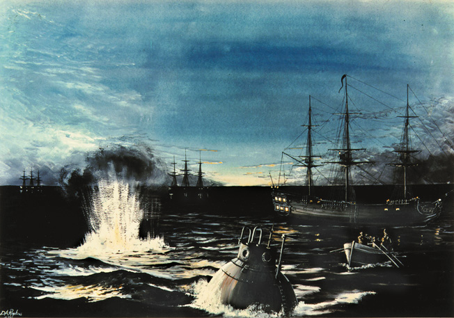 Sergeant Ezra Lee, manning Turtle, comes under fire from British sailors after failing to attach explosives to HMS Eagle.