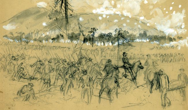 Union Maj. Gen. William T. Sherman watches as Union troops advance at Kennesaw Mountain. The Union generals tried different tactics, such as sending their troops forward in dense columns rather than long lines, but they still were unable to punch through the enemy line.