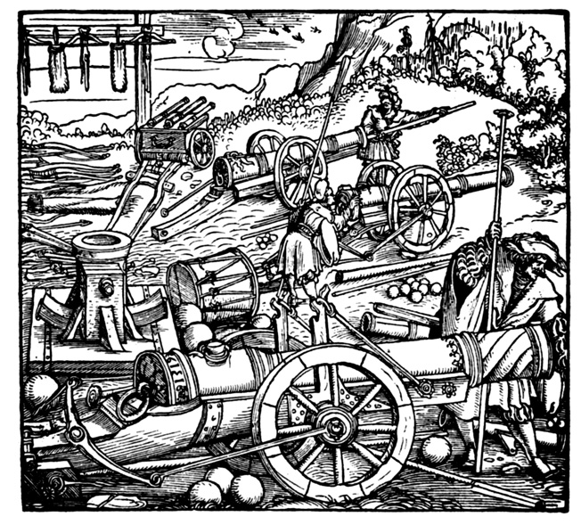 Landsknechts service their massive artillery in the 16th century German woodcut. Gunpowder for the cannons was in short supply, as was also compensation for the mercenaries.