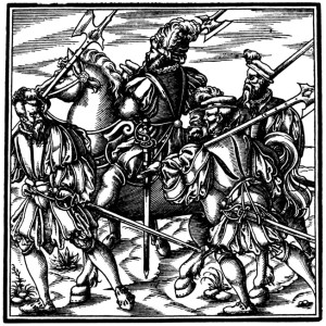 Another 16th century German woodcut reveals a mercenary in all his ostentatious finery and bristling armature. Some 12,000 Landsknechts fought at Pavia on both sides.