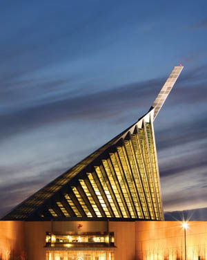 The soaring 210-foot spire at the Marine Corps Museum symbolizes the flag-raising at Iwo Jima in World War II.