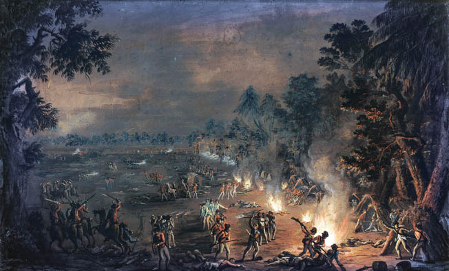 The savage night attack by British light infantry on an American camp at Paoli, Pennsylvania, is depicted in a period painting by Xavier Della Gatto. To ensure the element of surprise, British Maj. Gen. Sir Charles Grey instructed his men not to fire their weapons but instead to rely on their bayonets.