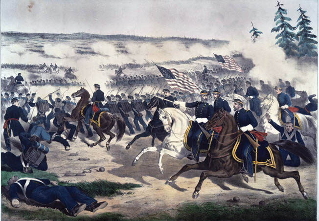 Union Brig. Gen. Edwin “Bull” Sumner, mounted on a white horse at center, directs his II Corps during the heat of battle in this romanticized Currier & Ives lithograph. Sumner’s son-in-law, Colonel Armistead Long, was a staff officer for Robert E. Lee.