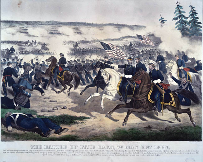 Union Brig. Gen. Edwin “Bull” Sumner, mounted on a white horse at center, directs his II Corps during the heat of battle in this romanticized Currier & Ives lithograph. Sumner’s son-in-law, Colonel Armistead Long, was a staff officer for Robert E. Lee.