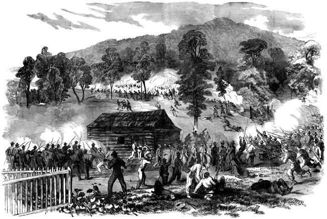A sharp 90-minute battle occurred at the Hart farm on Rich Mountain in which the Union army’s greater numbers prevailed. Pegram neither correctly anticipated the direction of the flank attack nor did he direct reinforcements in time to stabilize the situation.