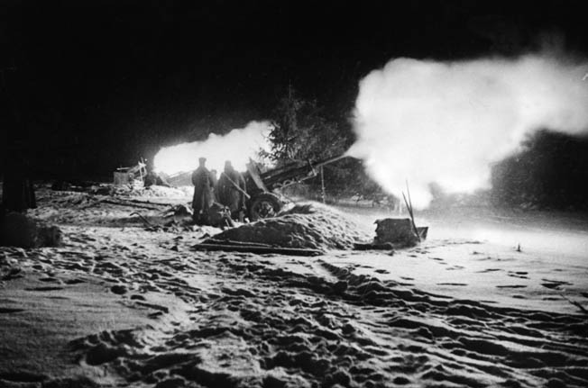 Soviet artillery fires on secondary positions of the German Panther Line near Narva. Heavy Red Army guns pounded German positions that included 6,000 bunkers, trenches, antitank ditches, and 200 kilometers of barbed wire. 