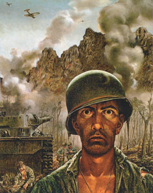 Combat artist Tom Lea landed with the Marines at Peleliu and later tried to capture what he saw in a series of paintings. His painting The Two Thousand Yard Stare graphically shows the effect of fighting for Bloody Nose Ridge on one Marine.