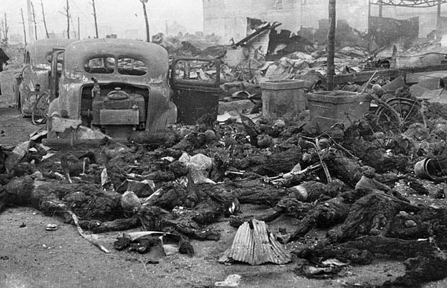 Piles of charred corpses fill a Tokyo street after the March 9-10 raid. The number of dead is estimated to have been as high as 200,000, but the actual figure may never be known.