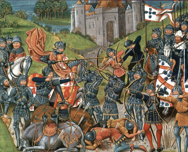 Longbowmen engage each other in a period image of the Wars of the Roses. Since both the Lancastrians and the Yorkists had longbowmen, neither side gained a clear advantage from their use.
