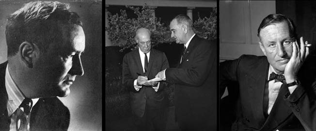 Left to right: Canadian William Stephenson headed up British intelligence activities in the U.S. Journalist Drew Pearson, shown during the 1960s with President Lyndon B. Johnson, broke the infamous story of General Patton slapping soldiers in Sicily. Veteran British Intelligence officer Ian Fleming credited Ernest Cuneo with creative contributions to some of his best-known James Bond spy novels.