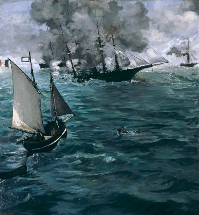 CSS Alabama and USS Kearsarge duel to the death in celebrated French Impressionist painter Edouard Manet’s dramatic version of events. Manet claimed to have witnessed the battle firsthand, but he probably did not arrive until afterward.